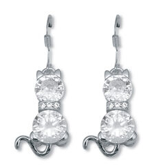 Round Crystal Silvertone Cat Earrings