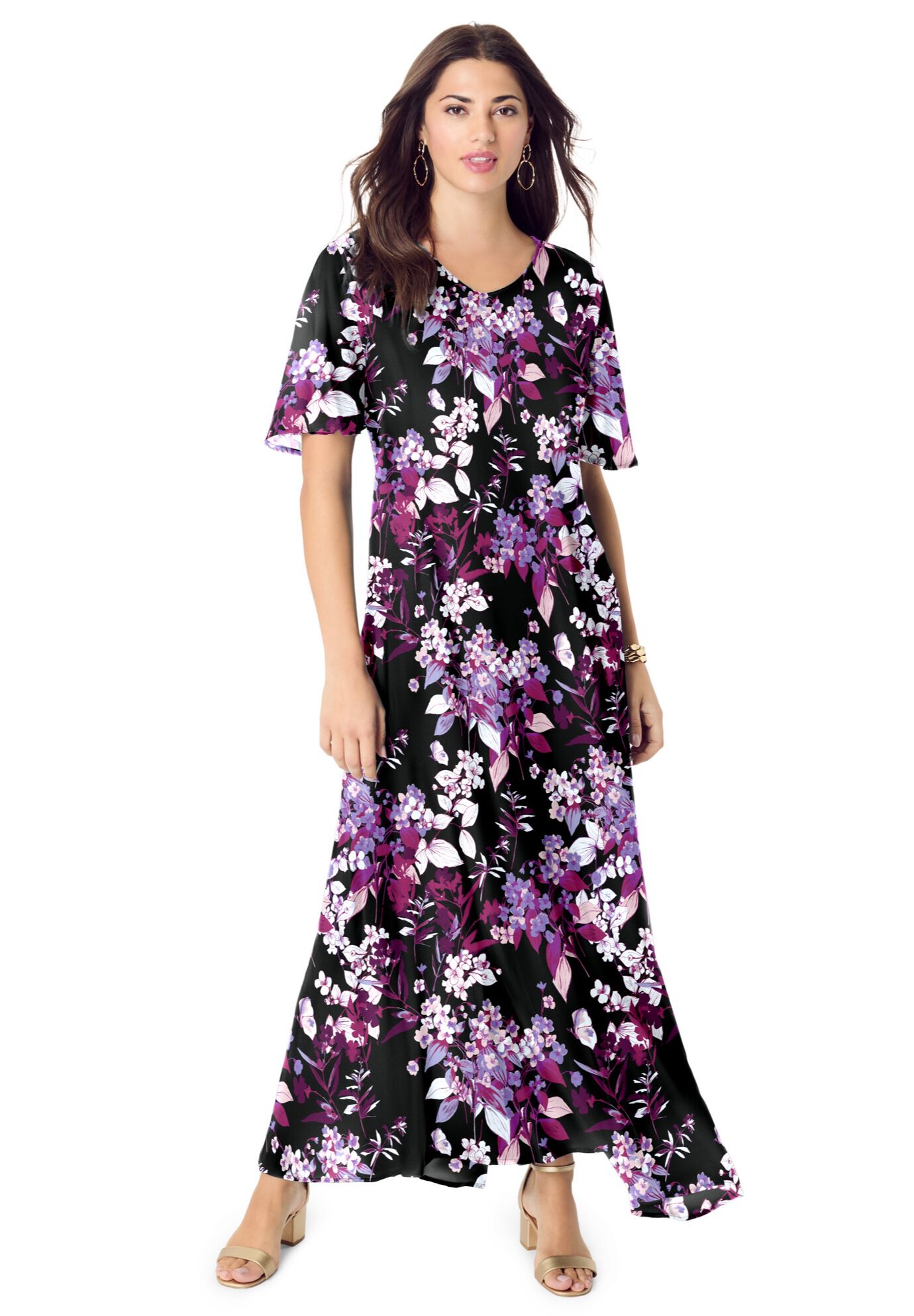 Plus Size Hand Crinkled Flutter-Sleeve Maxi Dress, BLACK BERRY FLORAL, on-hover image number 1