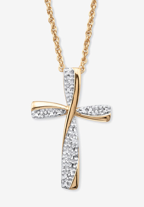 Gold Over Sterling Silver Diamond Accent Cross Pendant Necklace (16Mm) 18 Inches, DIAMOND, hi-res image number null