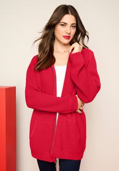 Plus Size Waffle Knit Zip-Front Relaxed Hoodie