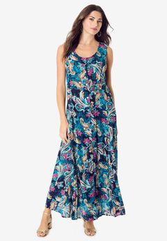 Plus Size Sleveless Hand-Crinkled Button-Front A-Line Maxi – Curvy Breezy Dress