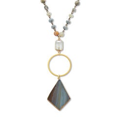 Genuine Brown Agate and Crystal Goldtone Drop Necklace 28-inch