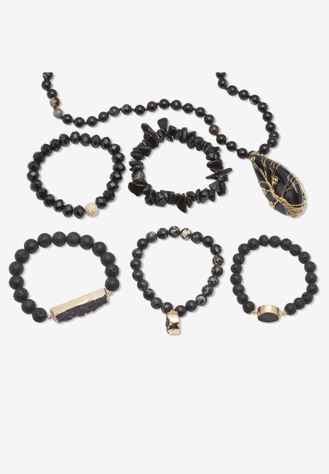 Natural Black Onyx And Genuine Agate Goldtone Necklace And Bracelet Set, 34 Inch, , alternate image number 5