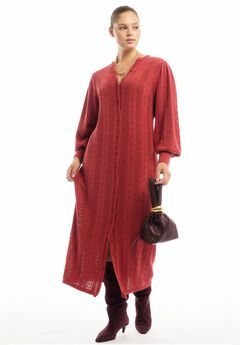 Puff-Sleeve Cardigan Sweater Midi Dress