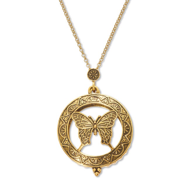 Butterfly Magnifying Glass Goldtone Pendant Necklace 24 inches, YELLOW, alternate image number null