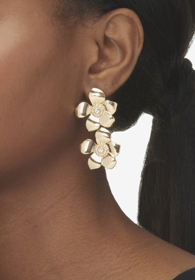 Round Crystal Goldtone Flower Drop Earrings, 50X30Mm, , alternate image number 2