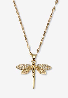 Round Crystal Goldtone Dragonfly Pendant Necklace, 16 To 18-Inch Length