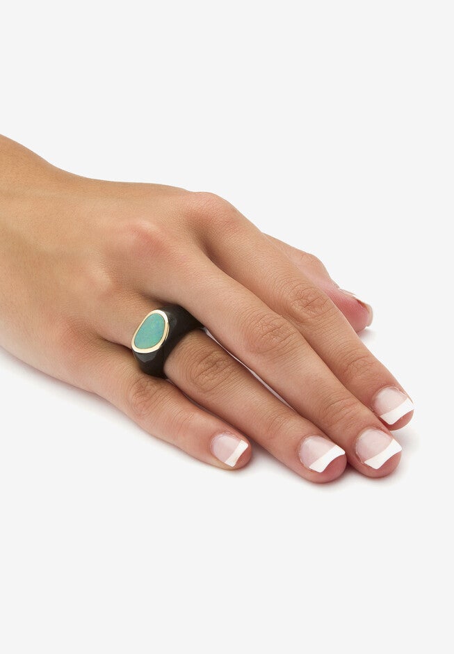 Genuine Blue Opal And Black Jade 10K Yellow Gold Bezel-Set Cabochon Ring, , alternate image number null