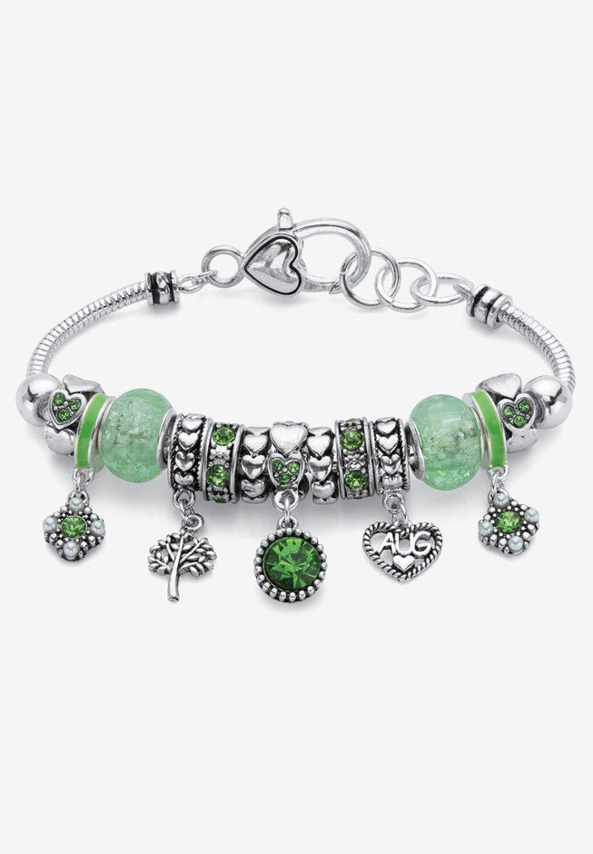 Antiqued Silvertone Simulated Birthstone 8 inches Charm Bracelet, AUGUST, hi-res image number 0