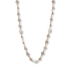 White Crystal and Pearl Gold Ion-Plated Stainless Steel Long Necklace, 40 Inches