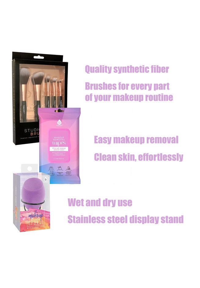 Makeup Essentials Bundle: Brushes, Wipes & Blender Sponge, , on-hover image number null