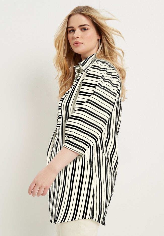 Half Button-Down Lino Soleil Tunic, IVORY VERTICAL STRIPE, hi-res image number null