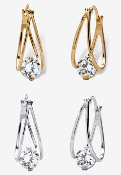 8 Tcw Cubic Zirconia Hoop 2-Pair Earrings Set In Silvertone And Gold-Plated