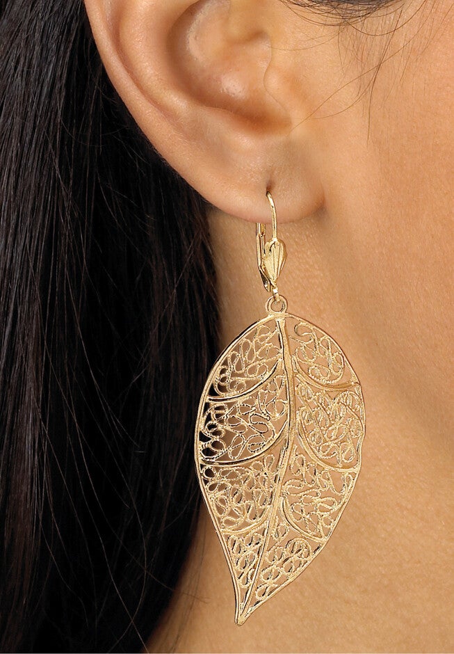 Filigree Leaf Drop Earrings In Yellow Goldtone, , alternate image number null