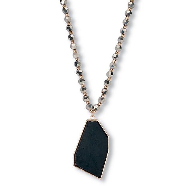 Black Crystal Pendant Goldtone Drop Necklace 34-inch, BLACK, hi-res image number null
