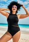 Chlorine Resistant High Neck Mesh One Piece, BLACK, hi-res image number null