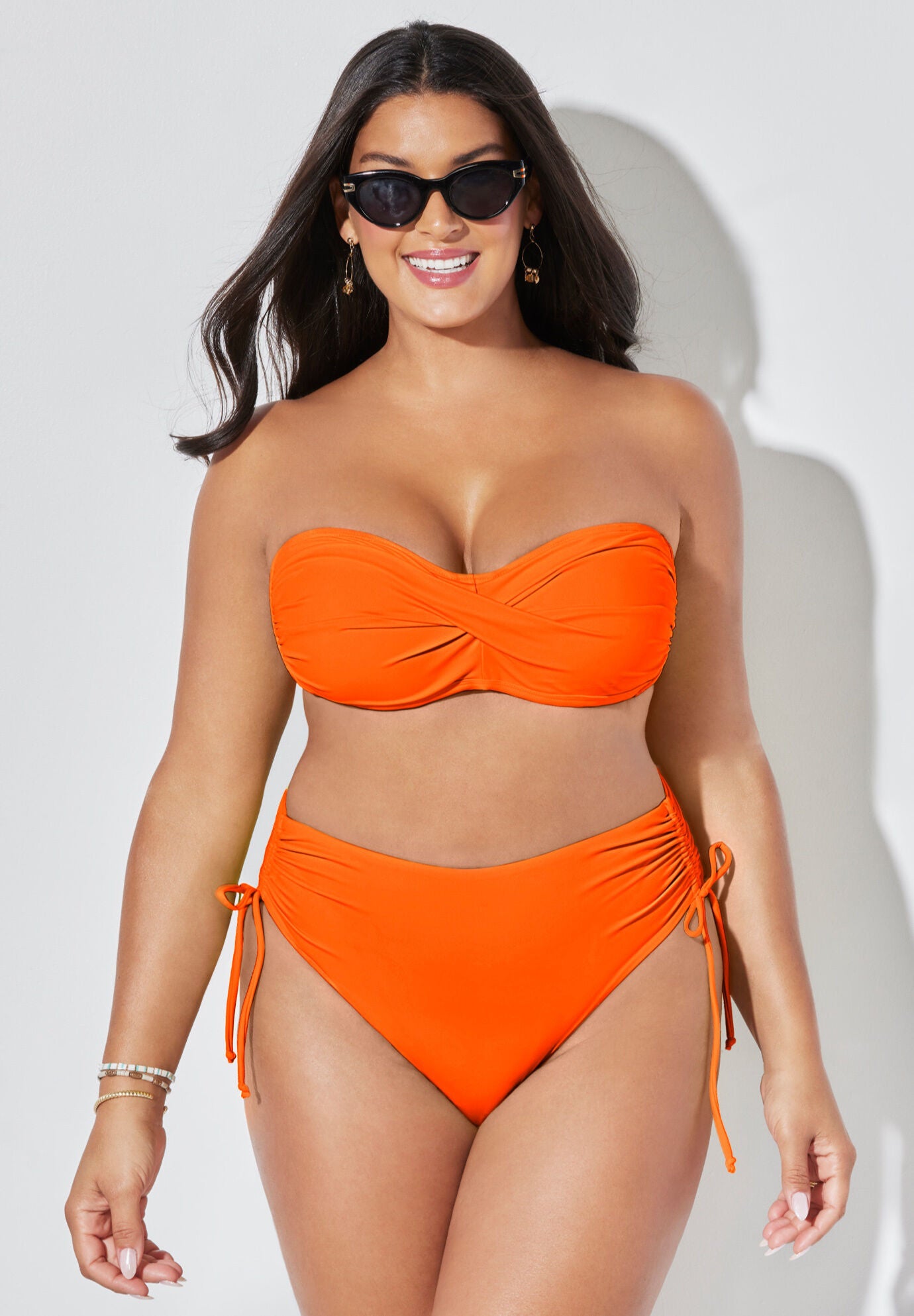 Valentine Ruched Bandeau High Waist Side Tie Bikini Set, , hi-res image number null