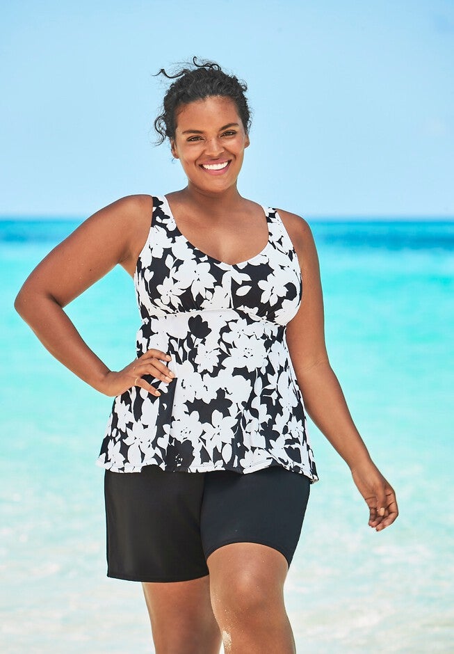 Flowy Tankini Top, BLACK WHITE GRAPHIC FLORAL, hi-res image number 0