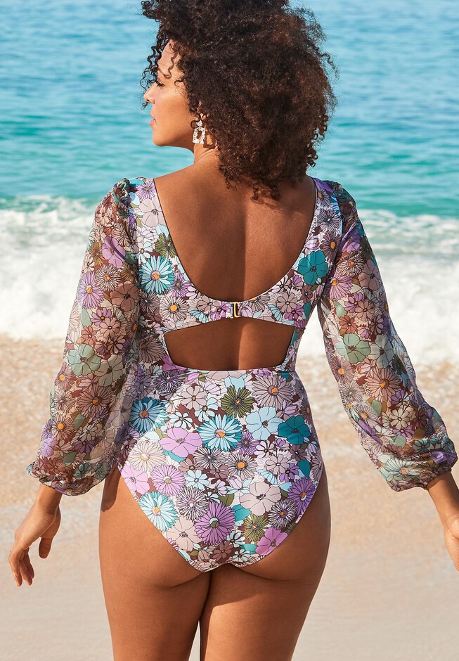 Cup Sized Chiffon Sleeve One Piece Swimsuit