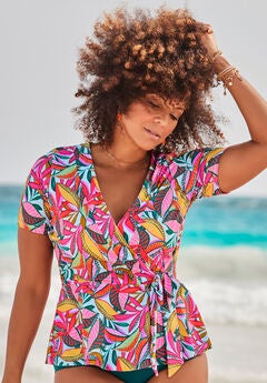 Short Sleeve Faux Wrap Tankini Top