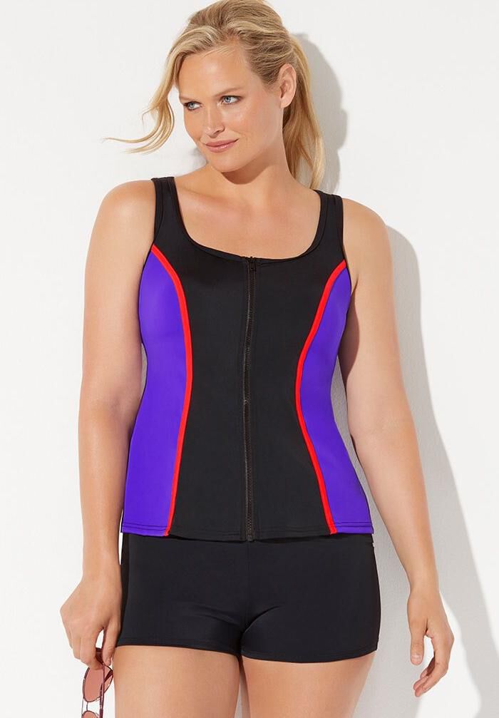 Chlorine Resistant Colorblock Zip Front Tankini Set with Boy Short, , hi-res image number 0