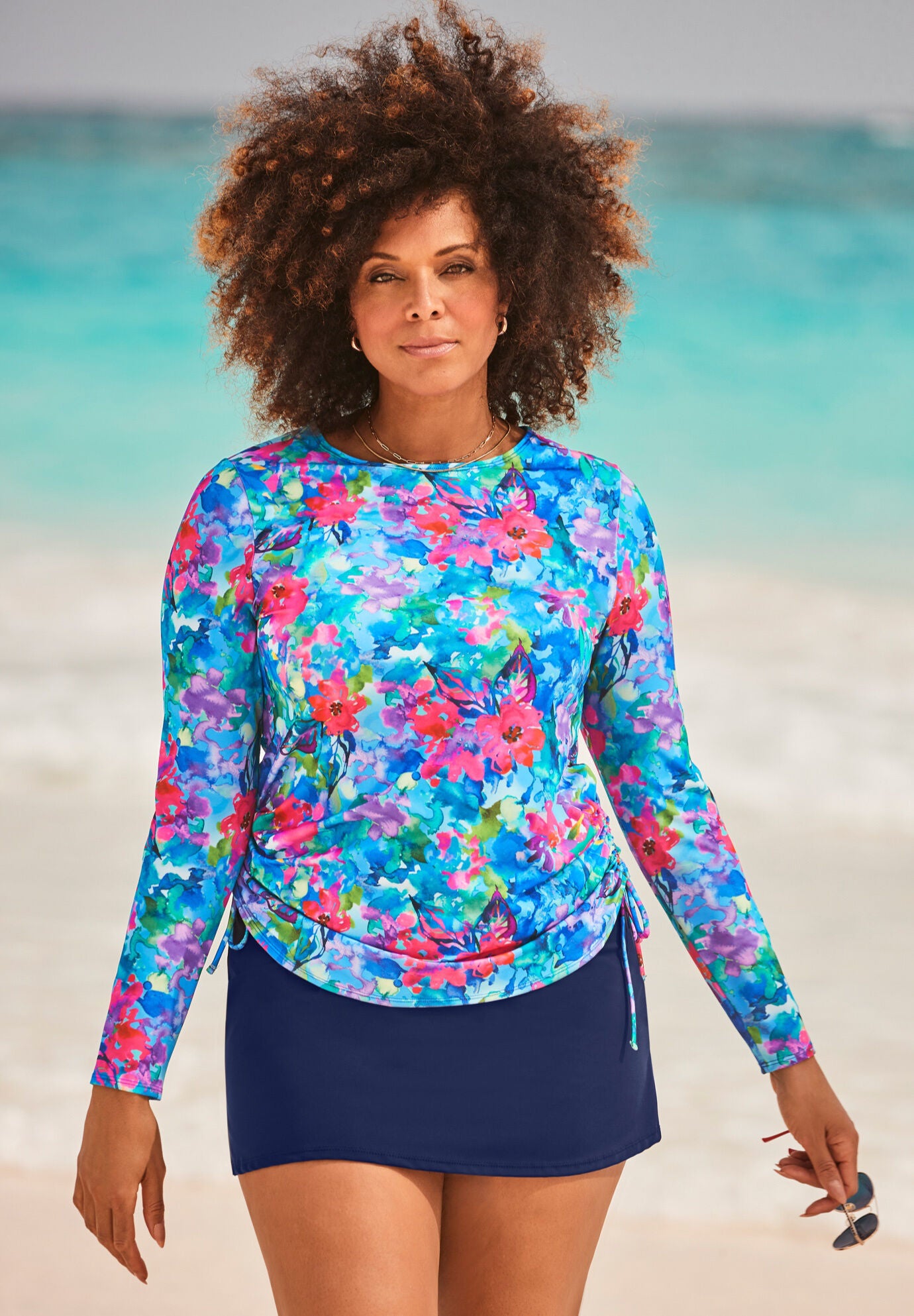 Adjustable Side Tie Swim Tee Set With Swim Skirt, , hi-res image number 0