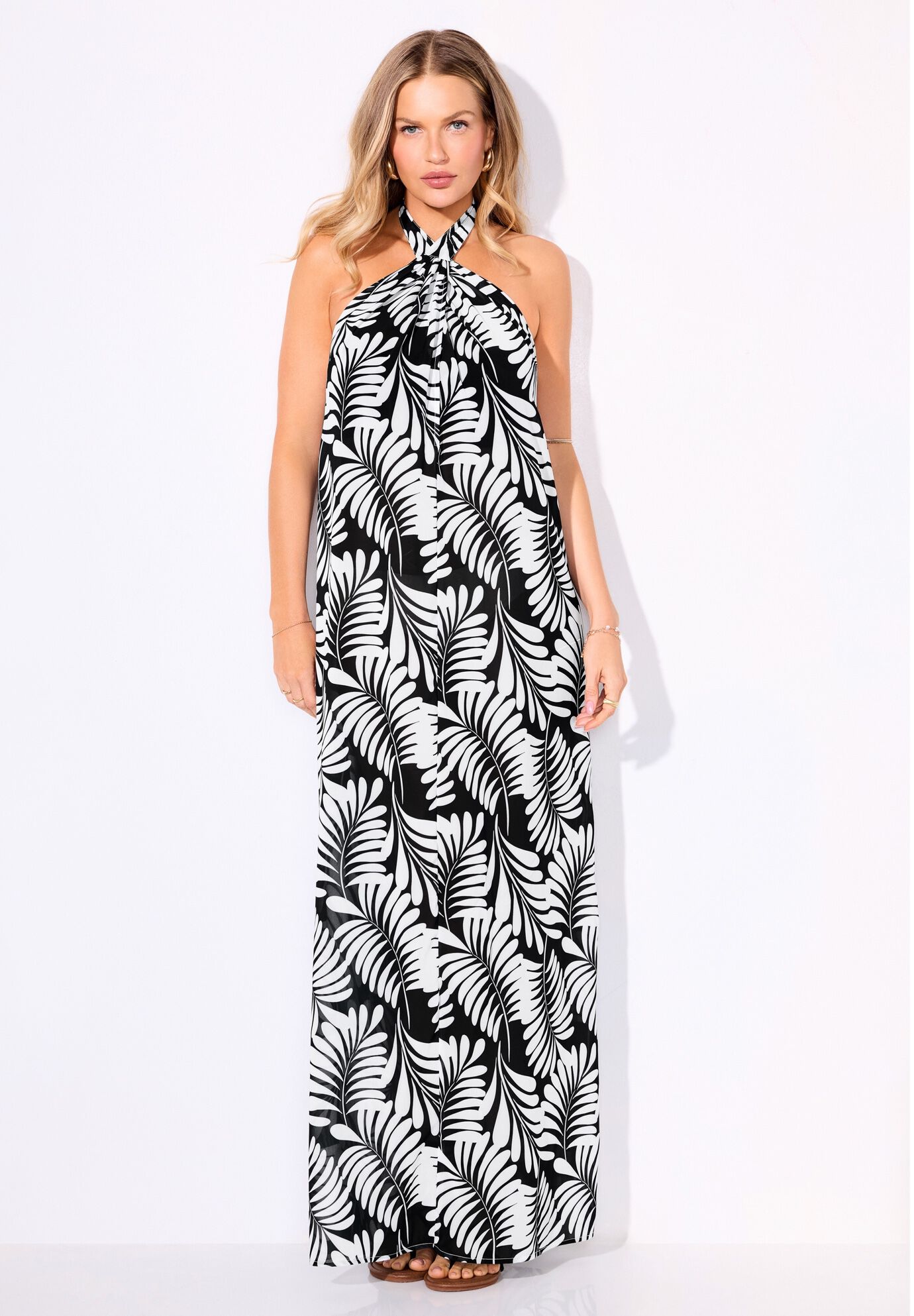 High Neck Twist Halter Cover Up Maxi Dress, LEAF CHIC, alternate image number 3