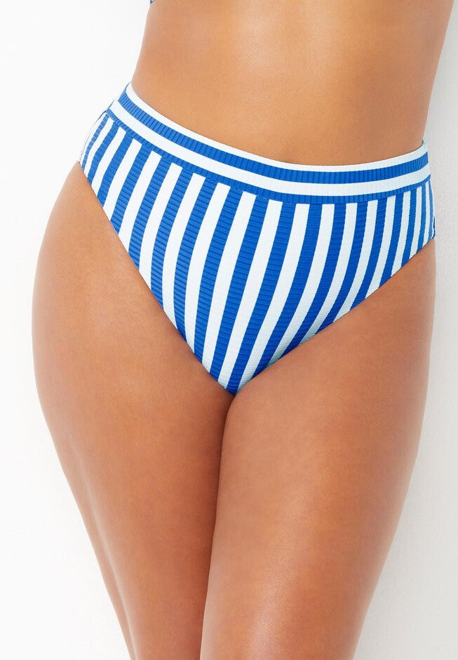 Maestro Ribbed High Waist Bikini Bottom, COBALT BLUE STRIPE, hi-res image number 0