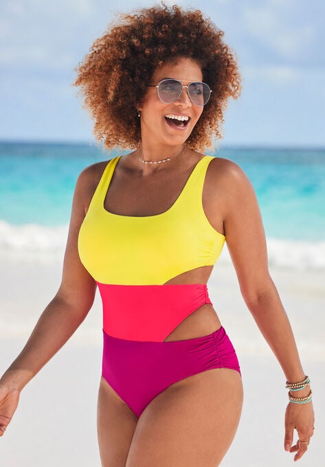 Color Block Cut Out One Piece Swimsuit, PINEAPPLE FRUIT PUNCH, hi-res image number null