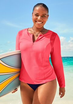 Chlorine Resistant Quick-Dry 1/4 Zip Front Long Sleeve Swim Rash Guard
