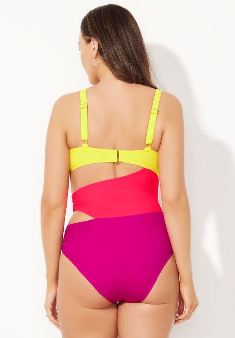 Color Block Cut Out One Piece Swimsuit, , on-hover image number null