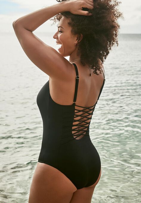 Lace Up One Piece Swimsuit, , on-hover image number null