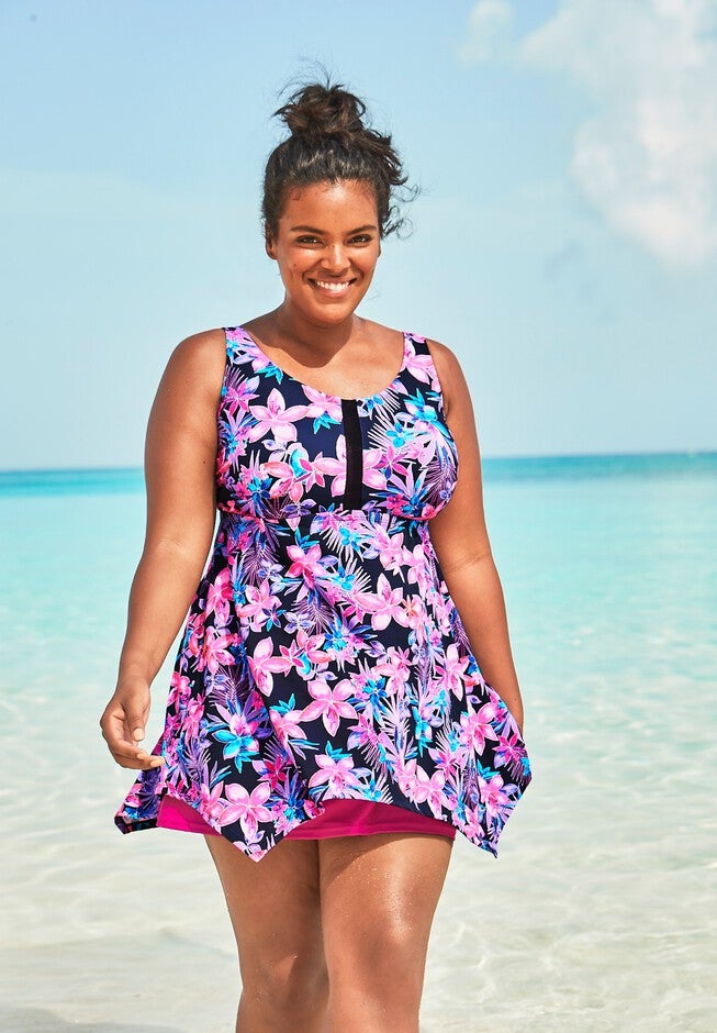 Handkerchief Swim Tankini Top, NAVY TROPICAL FLORAL, hi-res image number 0