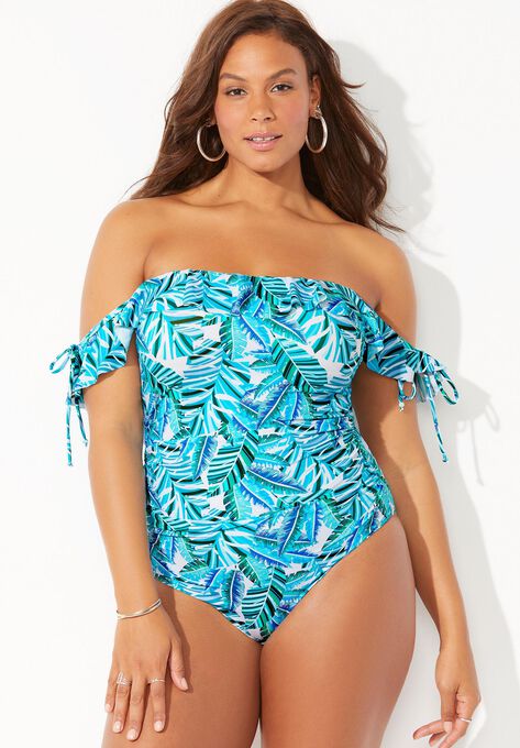 Bandeau Ruffle One Piece Swimsuit, TROPICAL PALM, hi-res image number null