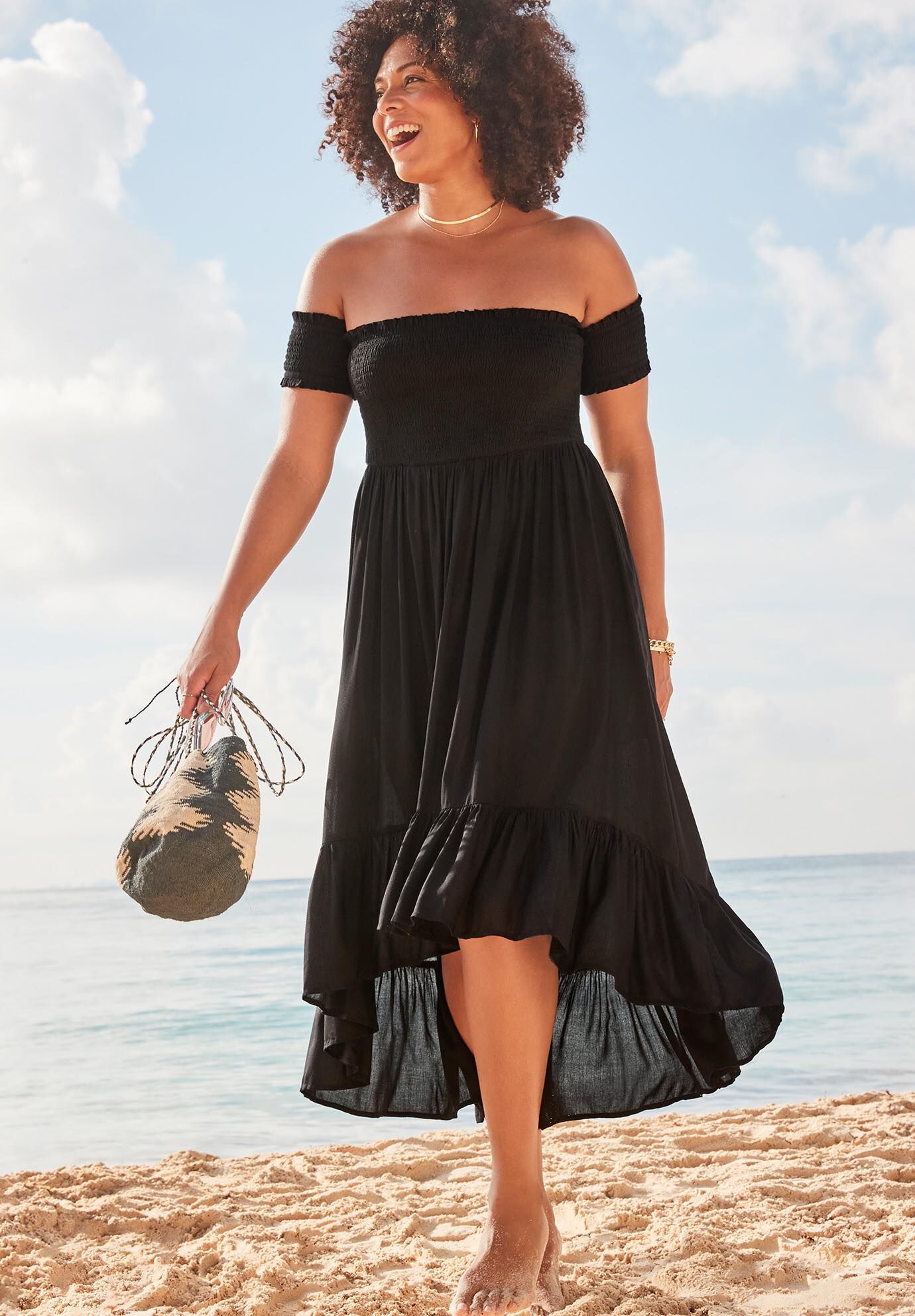 Lauren Smocked Off the Shoulder High Low Dress, , alternate image number 6