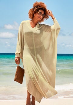 Long V-Neck Shimmer Caftan Tunic Cover Up