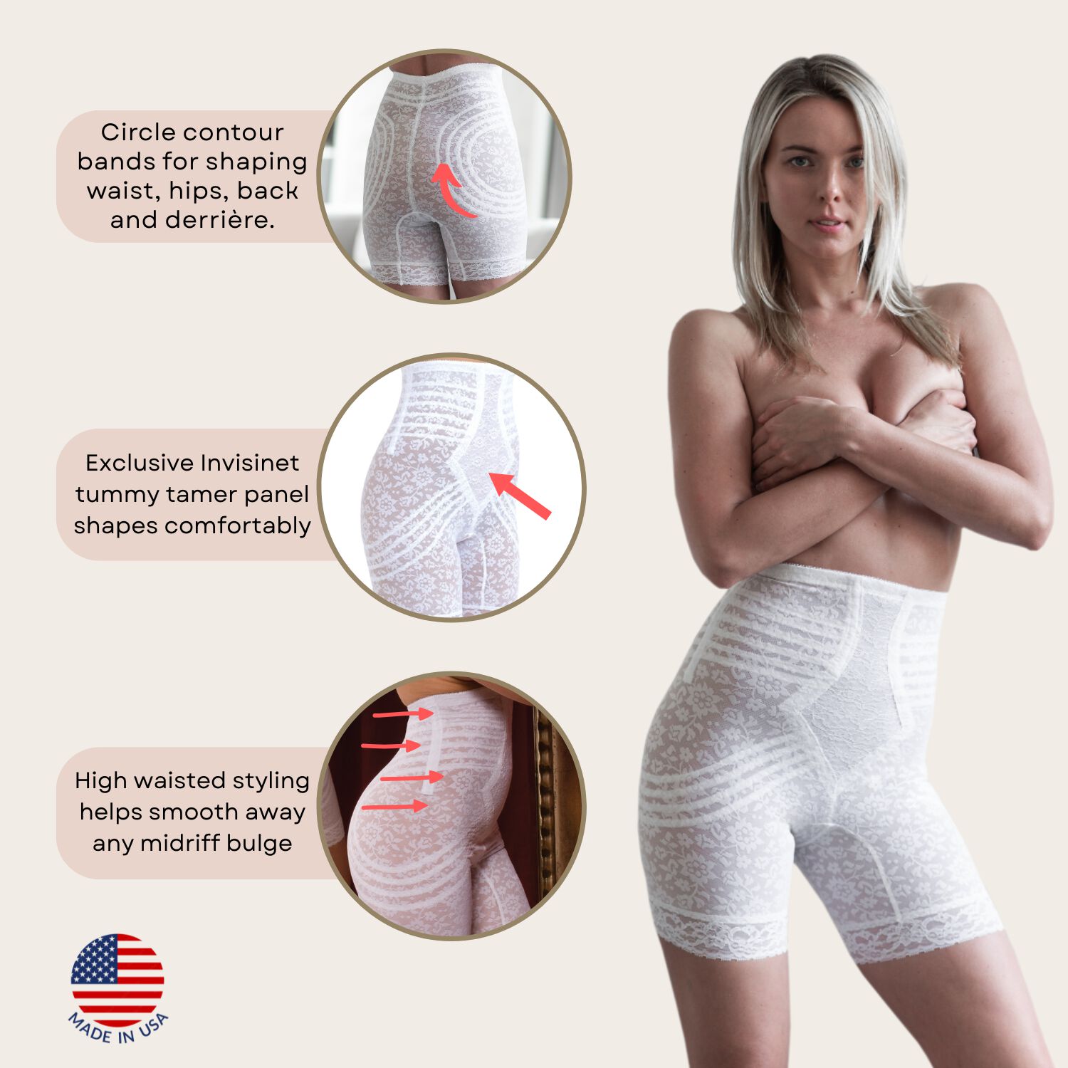 No Roll High Waist Lace Thigh Slimmer with Extra Firm Support, WHITE, alternate image number 4