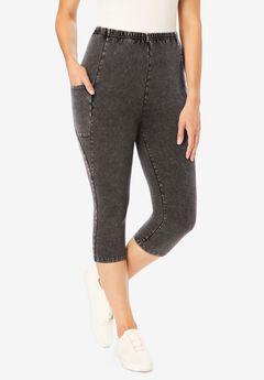 Stretch-Cotton Knit Pull-On Pocket Capri Leggings