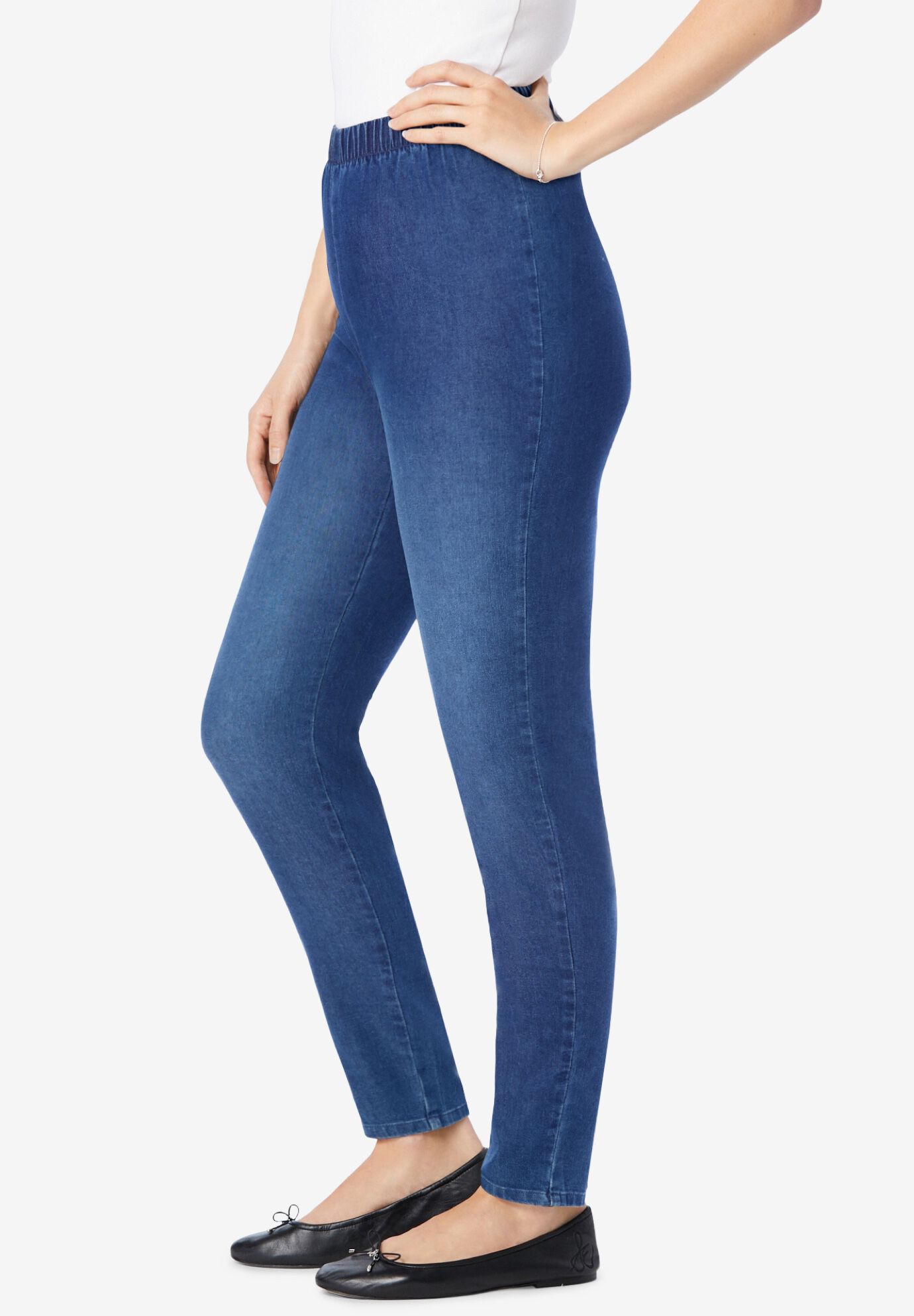 Pull-On Elastic-Waist Stretch Fineline Denim Jeans, STONEWASH SANDED, alternate image number 2