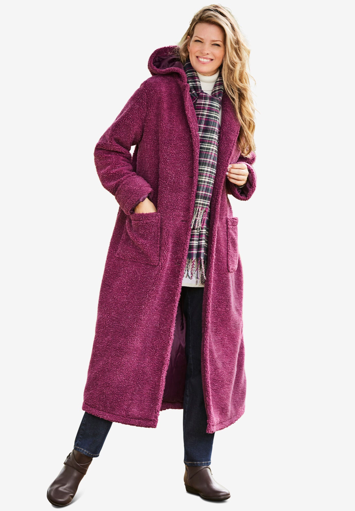 Long Hooded Berber Fleece Coat, DEEP CLARET, hi-res image number 0