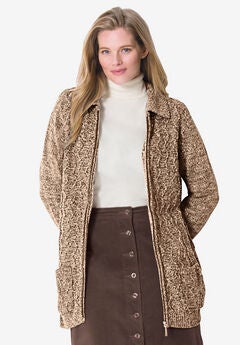 Marled Zip-Front Cable Knit Cardigan