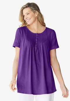 Short-Sleeve Pintucked Henley Tunic