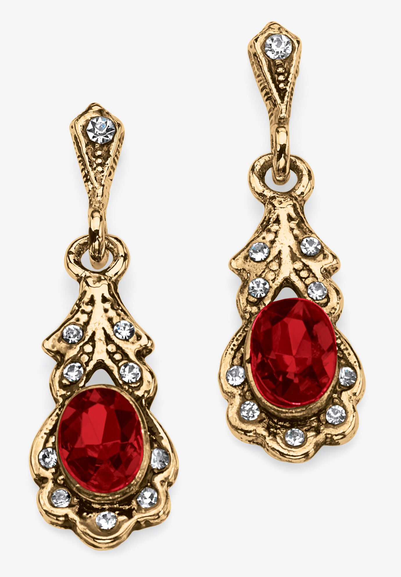 Gold Tone Antiqued Oval Cut Simulated Birthstone Vintage Style Drop Earrings, JULY, hi-res image number 0