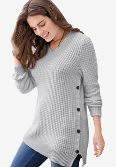Side Button V-Neck Waffle Knit Sweater