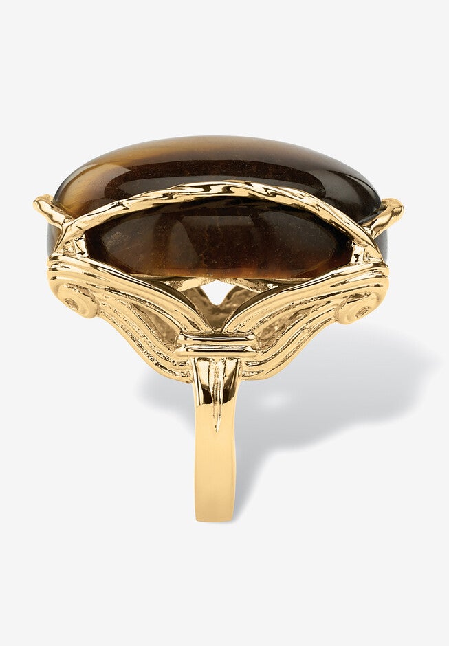 Yellow Gold-Plated Genuine Brown Tiger'S Eye Pillow Ring, , on-hover image number 1