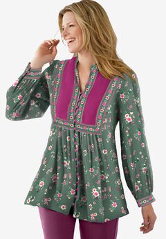 Button-Front Mixed Print Tunic