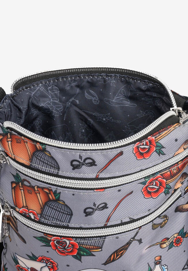 Loungefly X Harry Potter Crossbody Travel Bag Nylon Tattoo All Over Print Crossbody Bag, , alternate image number null