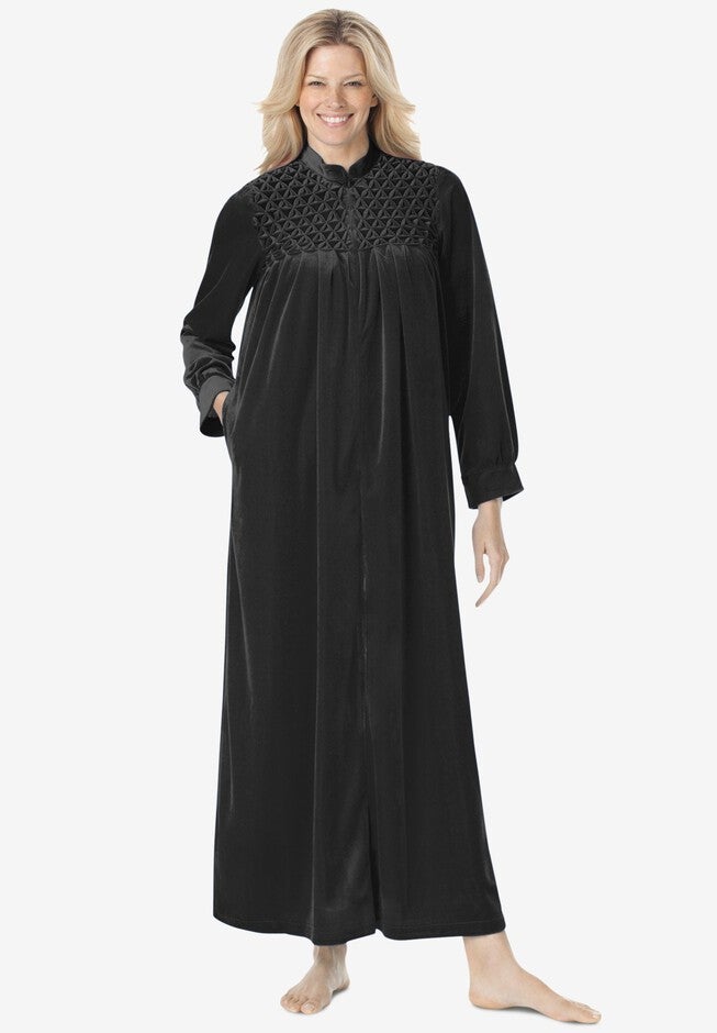 Leg Lock Robe Smocked Velour Long Robe with Pockets, Black | Woman Within
