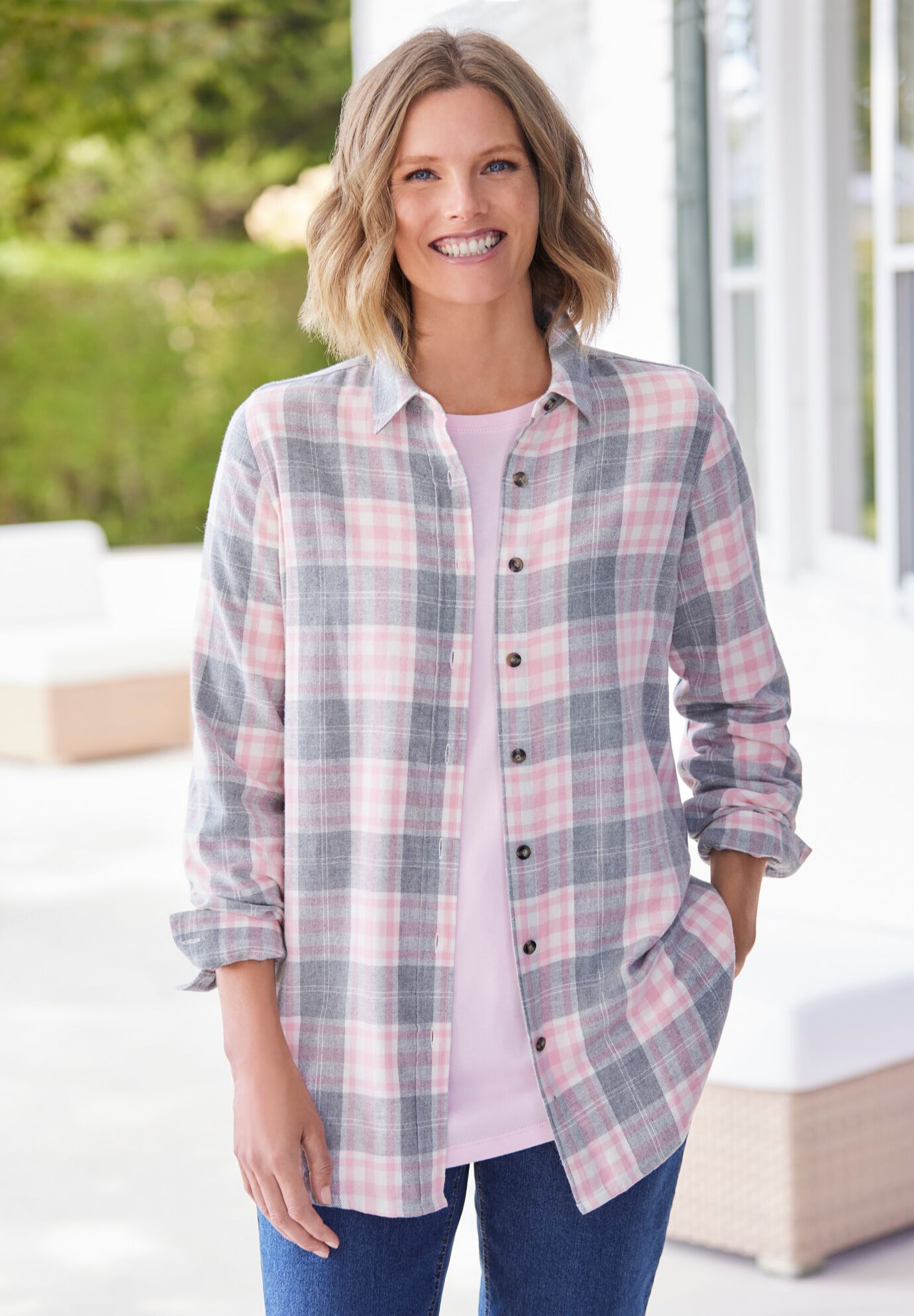 Sleeveless Seersucker Button-Front Shirt, Raspberry Sorbet Pop