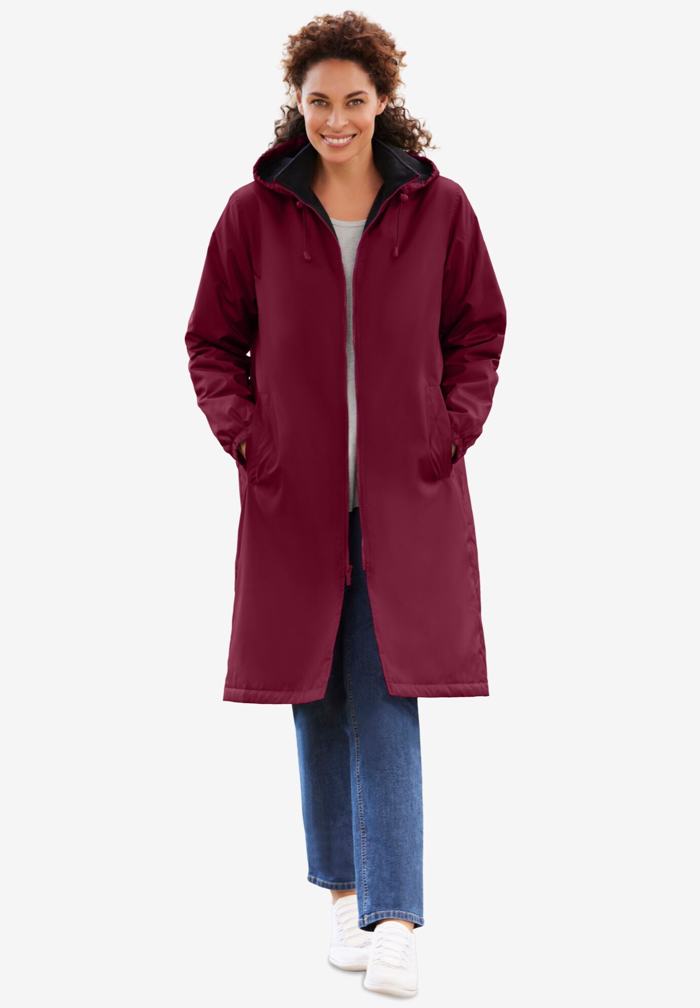 Mid Length Raincoat Fleece Lined Water Resistant Merlot Woman Within